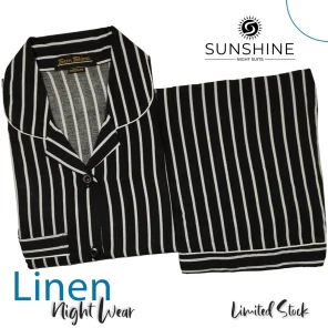 Black White Stripe Printed Linen Nightdress for Women - Luxurious Sleepwear