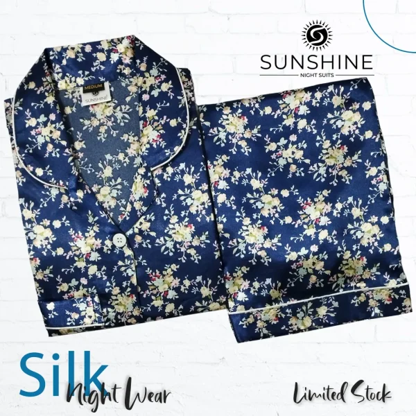 Blue Floral Printed Silk Nightdress for Women - Luxurious Sleepwear