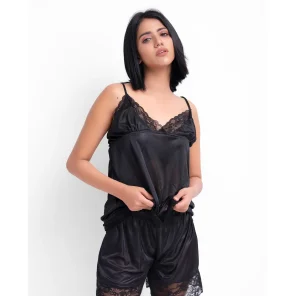 Black Silk Jersey Cami Short 2250-D with lace neckline for ultimate comfort and style.