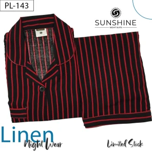 Black Red Stripe Printed Linen Nightdress for Women - Luxurious Sleepwear