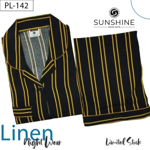 Black Yellow Stripe Printed Linen Nightdress for Women - Luxurious Sleepwear
