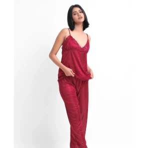 Maroon Silk Jersey Cami Pajama Set 2300-A with lace neckline for ultimate comfort and style.