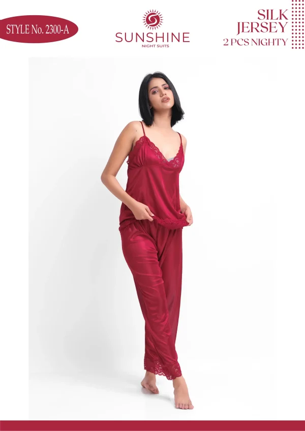 Maroon Silk Jersey Cami Pajama Set 2300-A with lace neckline for ultimate comfort and style.