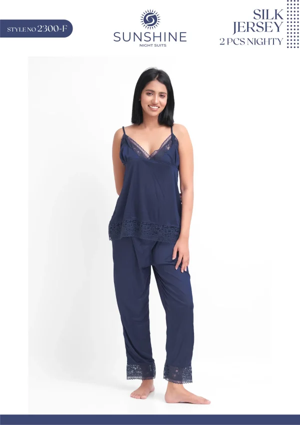 N-Blue Silk Jersey Cami Pajama Set 2300-F with lace neckline for ultimate comfort and style.