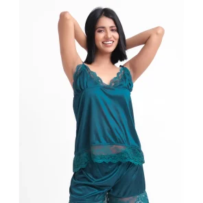 Teal Silk Jersey Cami Short 2250-B with lace neckline for ultimate comfort and style.