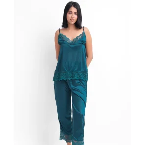Teal Silk Jersey Cami Pajama Set 2300-B with lace neckline for ultimate comfort and style.