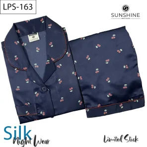 Navy Blue Cherry Printed Silk Nightdress LPS-163 for Women - Luxurious Sleepwear