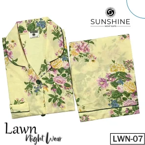 LWN-07 Light Yellow Flowers Lawn Nightdress for Women in Pakistan, showcasing a relaxed fit and elegant design, made from soft, breathable fabric perfect for warm nights