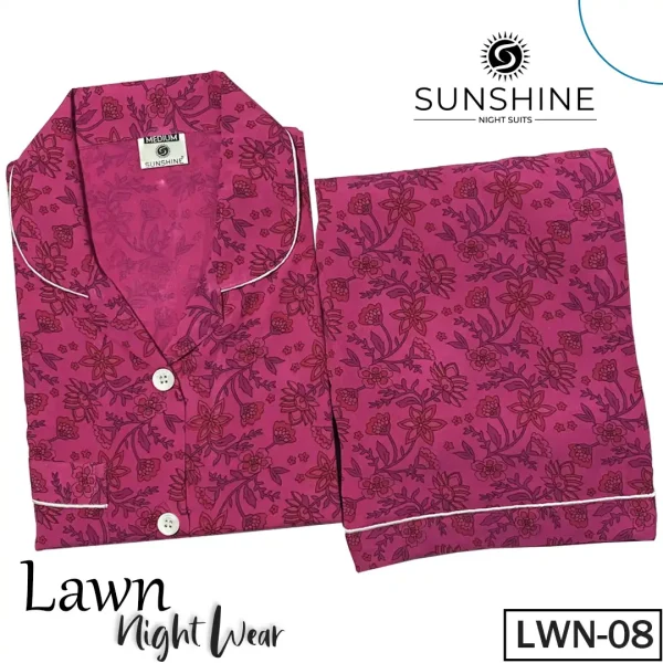 LWN-08 Bright Pink Floral Lawn Nightdress for Women in Pakistan, showcasing a relaxed fit and elegant design, made from soft, breathable fabric perfect for warm nights