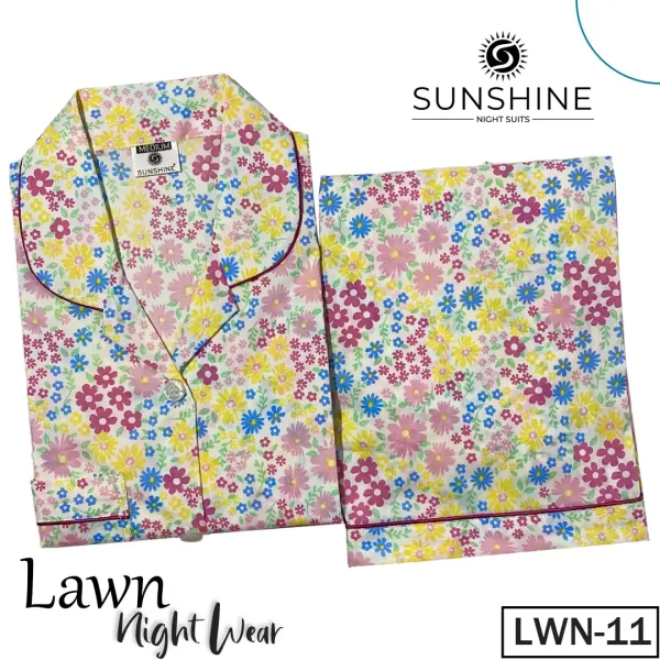 LWN-11 Colorful Flowers Printed Lawn Nightdress for Women in Pakistan, showcasing a relaxed fit and elegant design, made from soft, breathable fabric perfect for warm nights