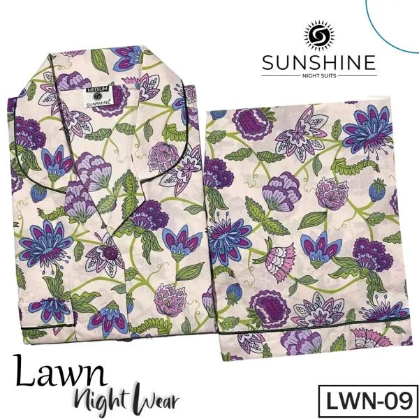 LWN-09 Violet Floral Lawn Nightdress for Women in Pakistan, showcasing a relaxed fit and elegant design, made from soft, breathable fabric perfect for warm nights