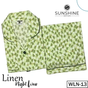 L-Green Leaves Printed Linen Nightdress for Women - Luxurious Sleepwear