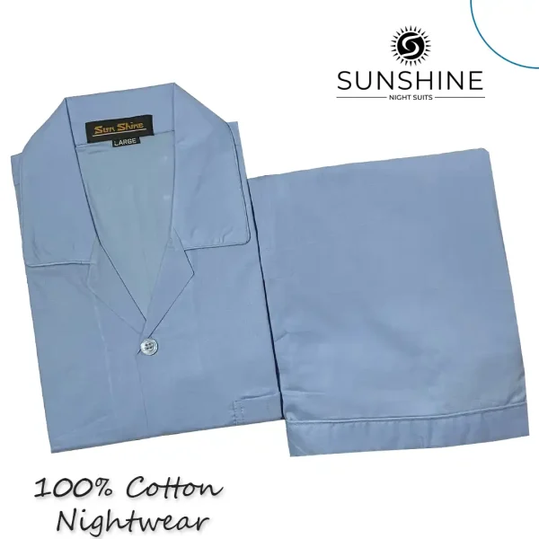 Sky Blue Plain 100% Cotton Nightdress for Men, soft and breathable for a comfortable night's sleep.