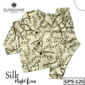 Cream Chain Printed Silk Pajamas Set for Girls (GPS-126) with premium silk, available in sizes for toddlers to pre-teens.