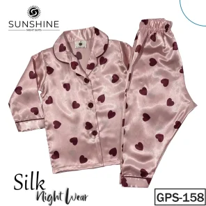 T-Pink Heart Printed Silk Pajamas Set for Girls (GPS-158) with premium silk, available in sizes for toddlers to pre-teens.