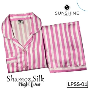 Pink Striped Printed Shamoz Silk Pajamas Set for Women (LPSS-01).