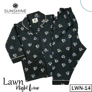 Black Floral Printed Lawn Pajamas Set for Girls – LWN-14, made from premium lawn cotton, providing ultimate comfort and style for cozy nights.