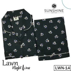 LWN-14 Black Floral Printed Lawn Nightdress for Women in Pakistan, showcasing a relaxed fit and elegant design, made from soft, breathable fabric perfect for warm nights