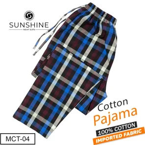 Blue and white checkered 100% cotton trousers, product code MCT-04, featuring a classic pattern, comfortable fit, and breathable fabric perfect for casual wear