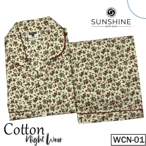 WCN-01 Cream Floral Printed Cotton Nightdress for Women in Pakistan, showcasing a relaxed fit and elegant design, made from soft, breathable fabric perfect for warm nights.