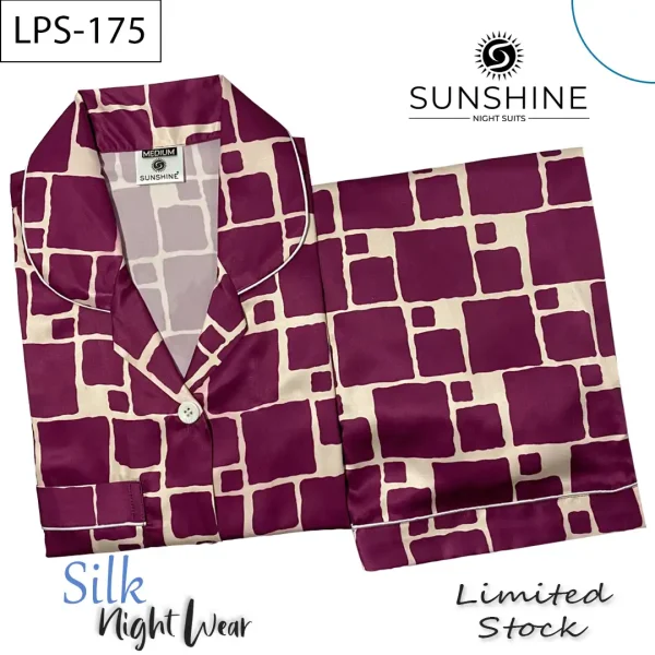 Plum Grid Printed Silk Nightdress LPS-175 for Women - Luxurious Sleepwear