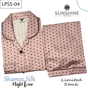 T-Pink Dots Printed Shamoz Silk Pajamas Set for Women (LPSS-04).