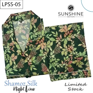 Green Leaves Printed Shamoz Silk Pajamas Set for Women (LPSS-05).