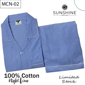 Azure Blue Striped 100% Cotton Night Suit for Men with long sleeves and matching pajamas.