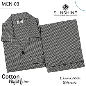 Black Pin Check Cotton Night Suit for Men with long sleeves and matching pajamas.