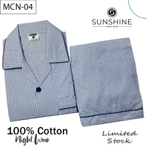 Sky Blue Check 100% Cotton Night Suit for Men with long sleeves and matching pajamas.