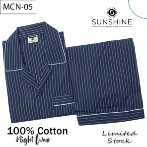 Navy Blue Striped 100% Cotton Night Suit for Men with long sleeves and matching pajamas.