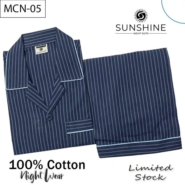 Navy Blue Striped 100% Cotton Night Suit for Men with long sleeves and matching pajamas.