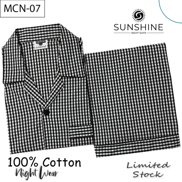 Black White Check 100% Cotton Night Suit for Men with long sleeves and matching pajamas.