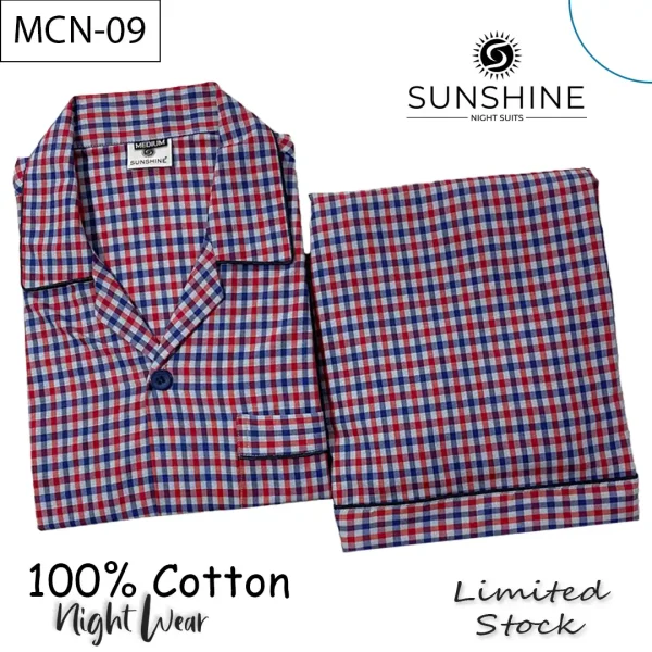 Multi Color Gingham Check 100% Cotton Night Suit for Men with long sleeves and matching pajamas.