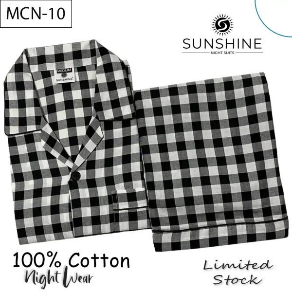 Black White Gingham Check 100% Cotton Night Suit for Men with long sleeves and matching pajamas.