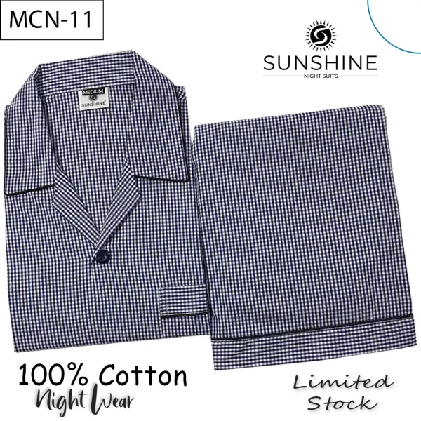 Navy Blue Check 100% Cotton Night Suit for Men with long sleeves and matching pajamas.