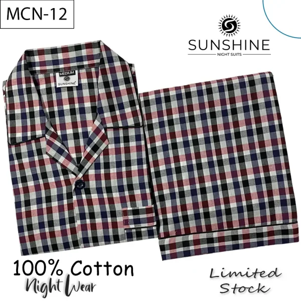 Snow Berry Check 100% Cotton Night Suit for Men with long sleeves and matching pajamas.