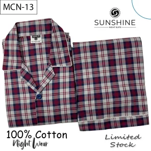 Maroon Check 100% Cotton Night Suit for Men with long sleeves and matching pajamas.