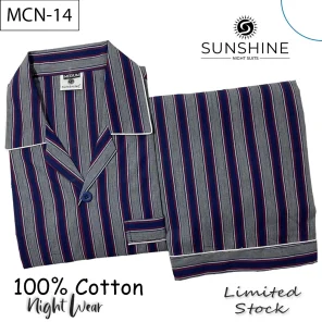 Navy Blue Stripe 100% Cotton Night Suit for Men with long sleeves and matching pajamas.