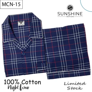 Navy Blue Tartan Check 100% Cotton Night Suit for Men with long sleeves and matching pajamas.