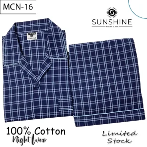 Navy Blue Graph Check 100% Cotton Night Suit for Men with long sleeves and matching pajamas.