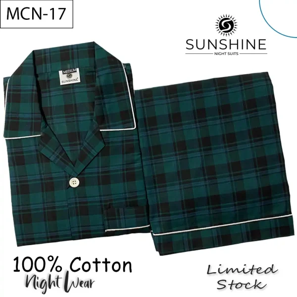 Green Black Tartan Check 100% Cotton Night Suit for Men with long sleeves and matching pajamas.