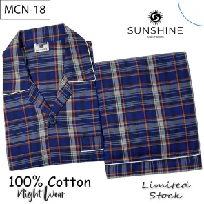 Blue Tartan Check 100% Cotton Night Suit for Men with long sleeves and matching pajamas.