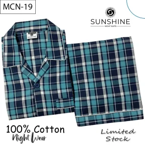 Turquoise Check 100% Cotton Night Suit for Men with long sleeves and matching pajamas.