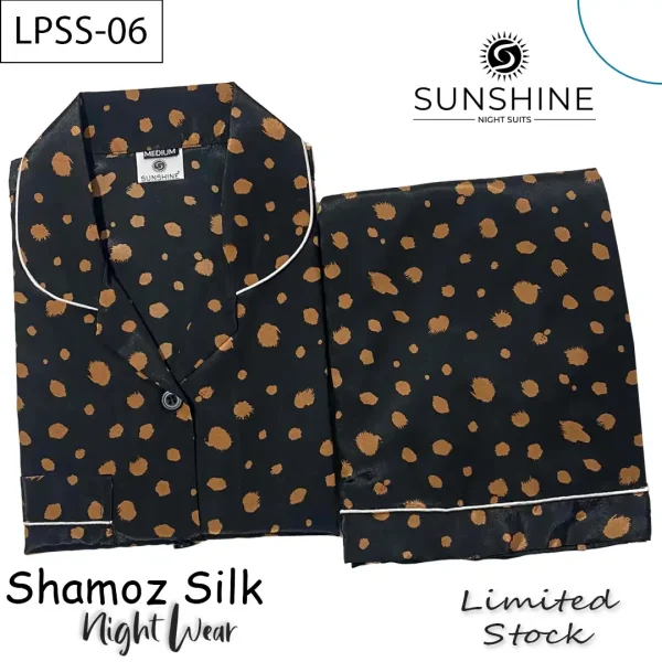 Golden Stroke Printed Shamoz Silk Pajamas Set for Women (LPSS-06).