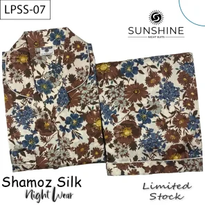 Brown Floral Printed Shamoz Silk Pajamas Set for Women (LPSS-07).