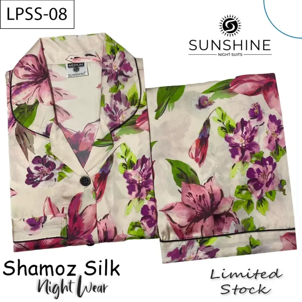 Cream Flowers Printed Shamoz Silk Pajamas Set for Women (LPSS-08).